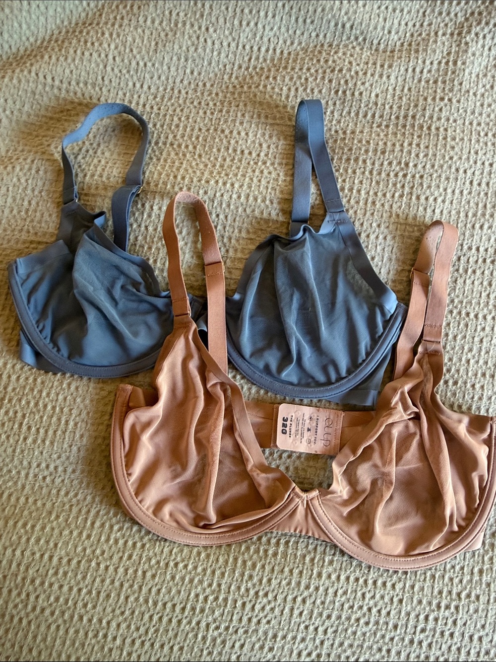 CUUP The Plunge Mesh Bra Duo in blue and nude.